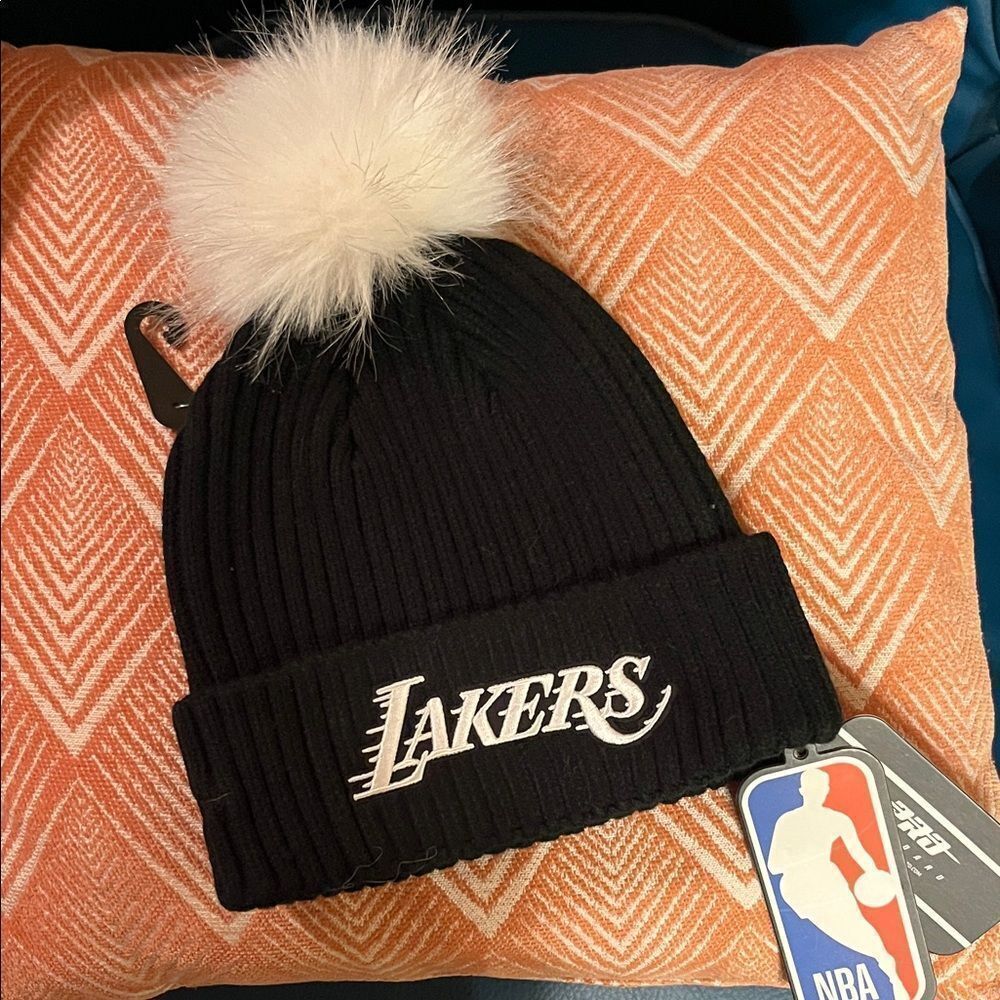 Lakers Black Beanie with White Pom